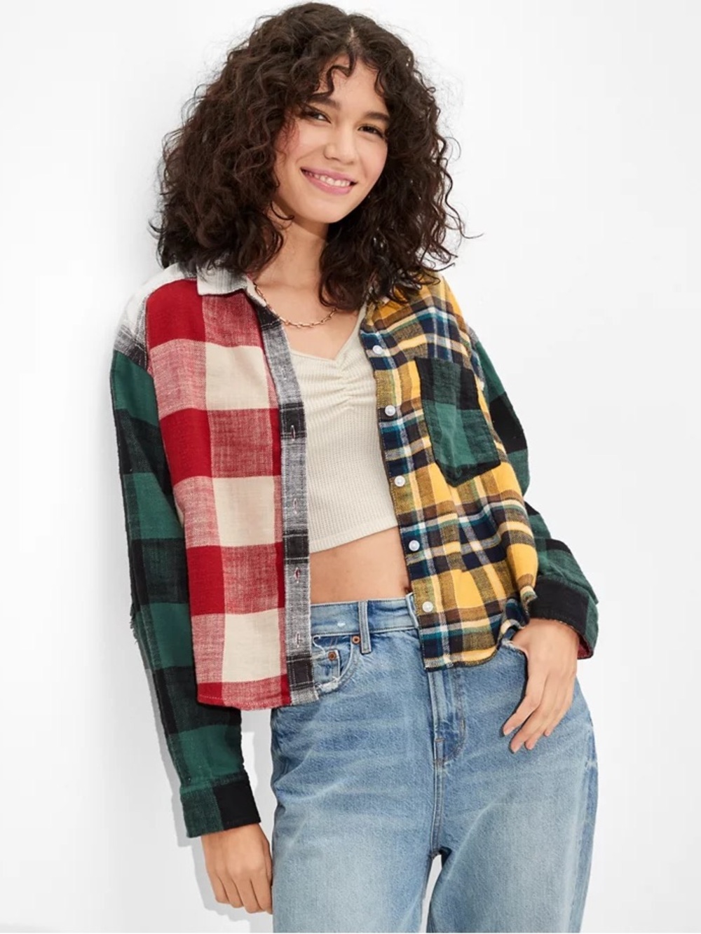 American Eagle Cozy Cabin Patchwork Cropped Flannel Shirt Small Cotton